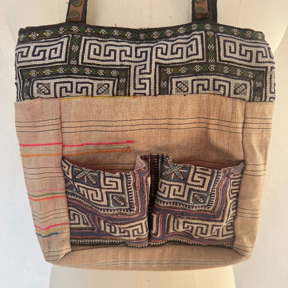 Vintage Mini Hmong Textile Tote Bag with Leather Straps & Neon Stripes
